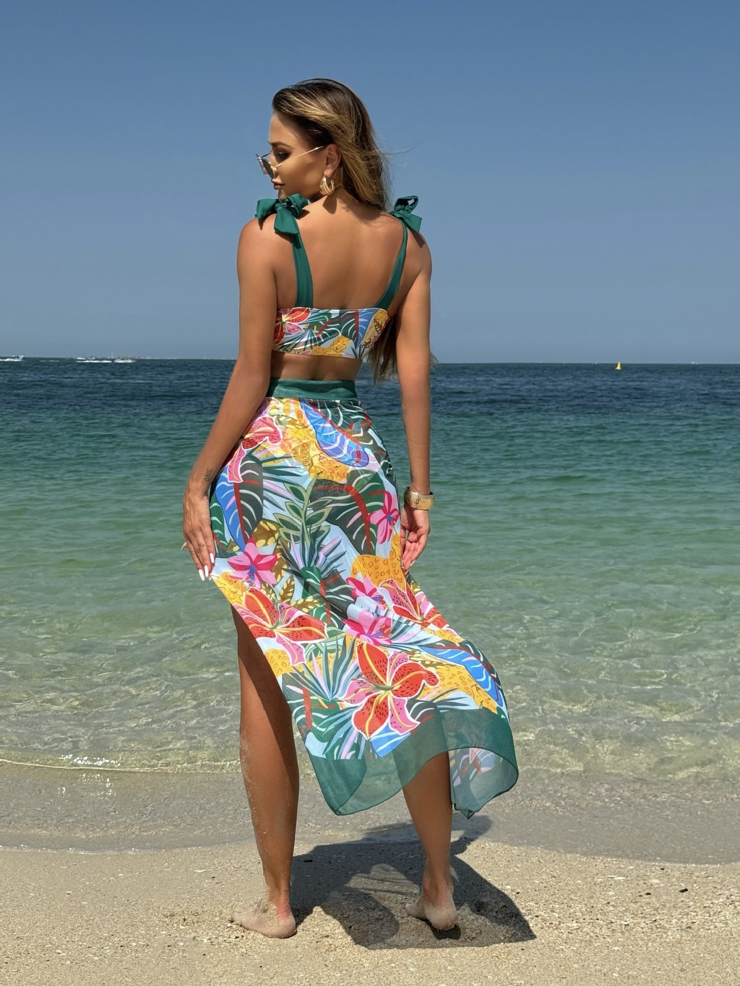 LADIES THREE PIECE BIKINI BEACHWEAR SET GREEN / PINK (SIZE S - L)