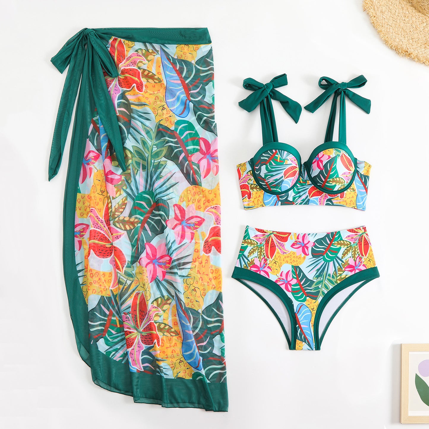 LADIES THREE PIECE BIKINI BEACHWEAR SET GREEN / PINK (SIZE S - L)