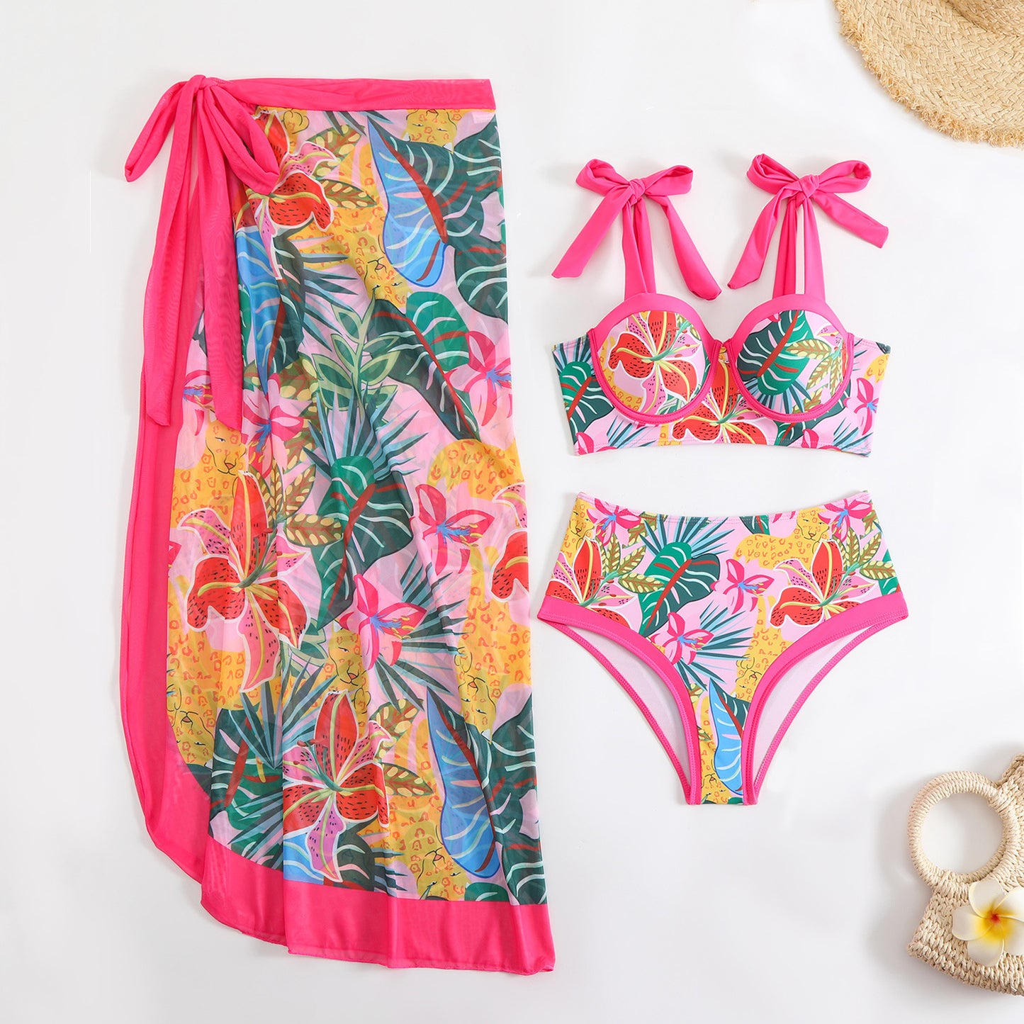 LADIES THREE PIECE BIKINI BEACHWEAR SET GREEN / PINK (SIZE S - L)