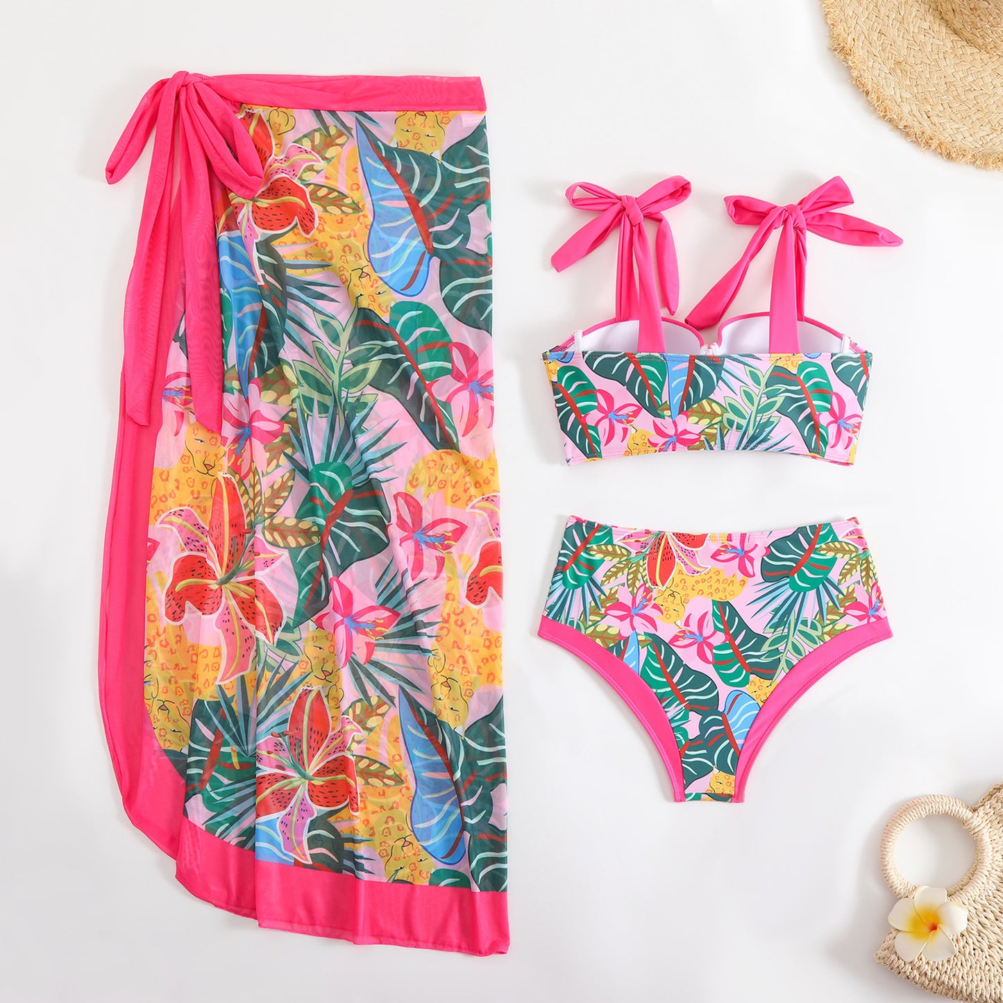 LADIES THREE PIECE BIKINI BEACHWEAR SET GREEN / PINK (SIZE S - L)