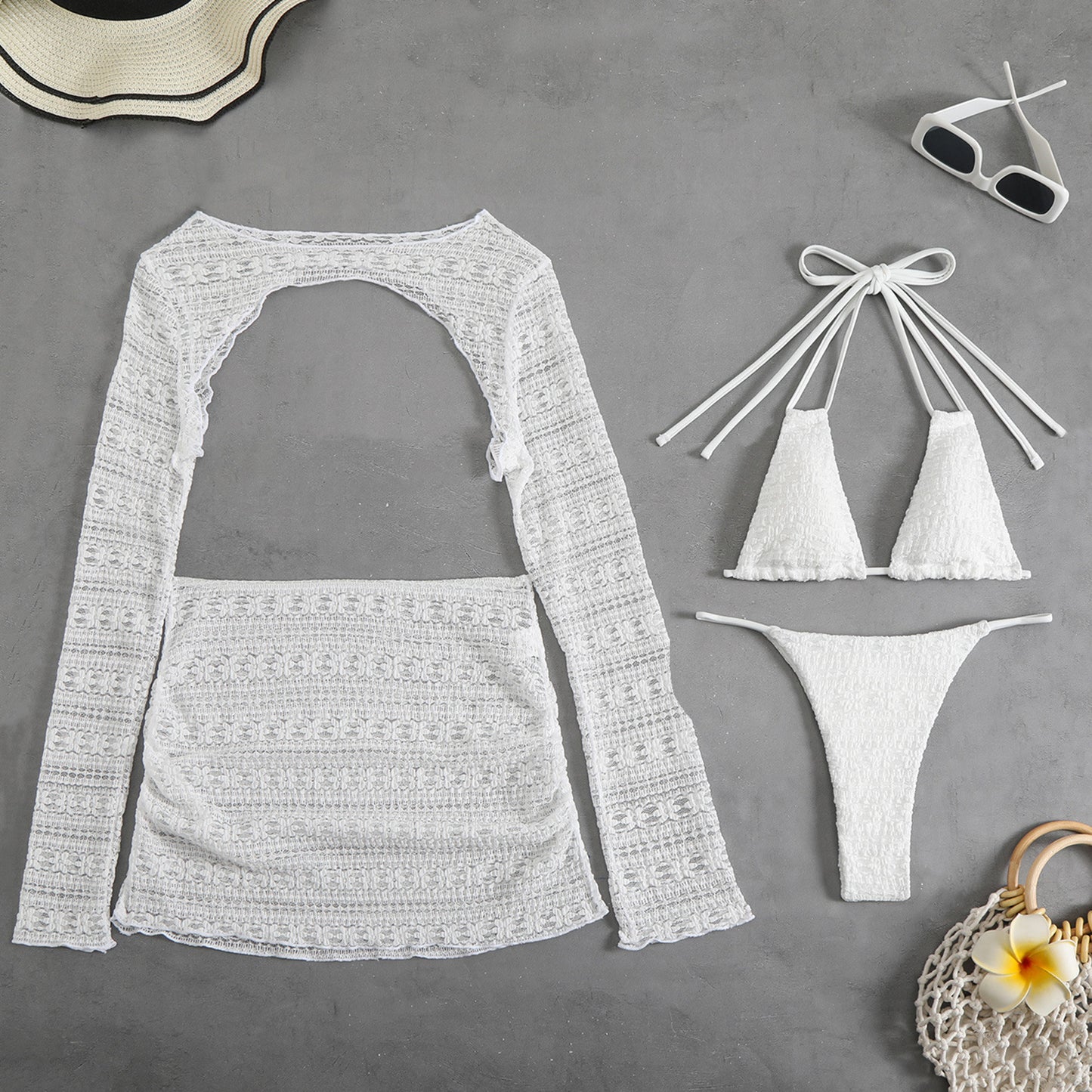 LADIES THREE PIECE BIKINI BEACHWEAR SET BEIGE / WHITE / BLACK (SIZE S - L)