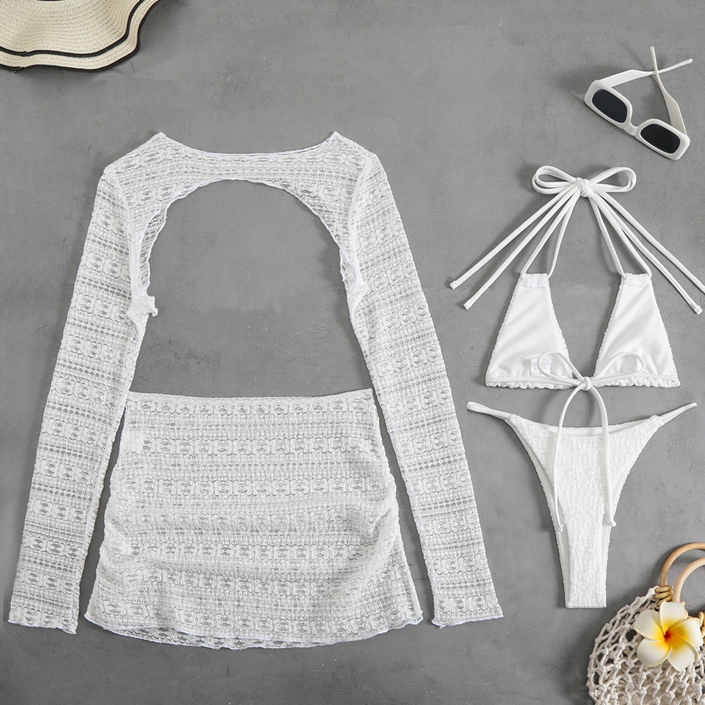 LADIES THREE PIECE BIKINI BEACHWEAR SET BEIGE / WHITE / BLACK (SIZE S - L)
