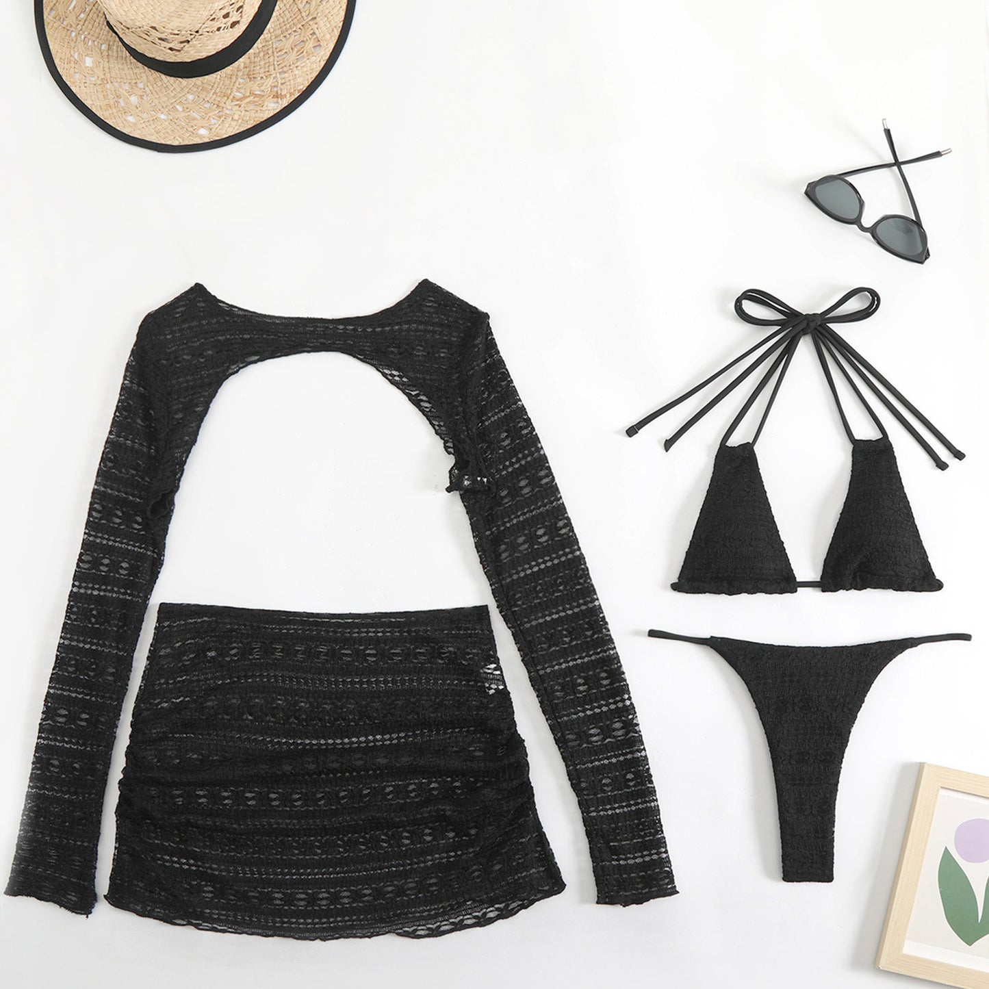 LADIES THREE PIECE BIKINI BEACHWEAR SET BEIGE / WHITE / BLACK (SIZE S - L)