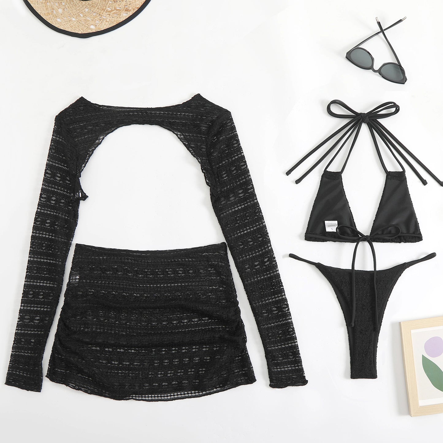 LADIES THREE PIECE BIKINI BEACHWEAR SET BEIGE / WHITE / BLACK (SIZE S - L)