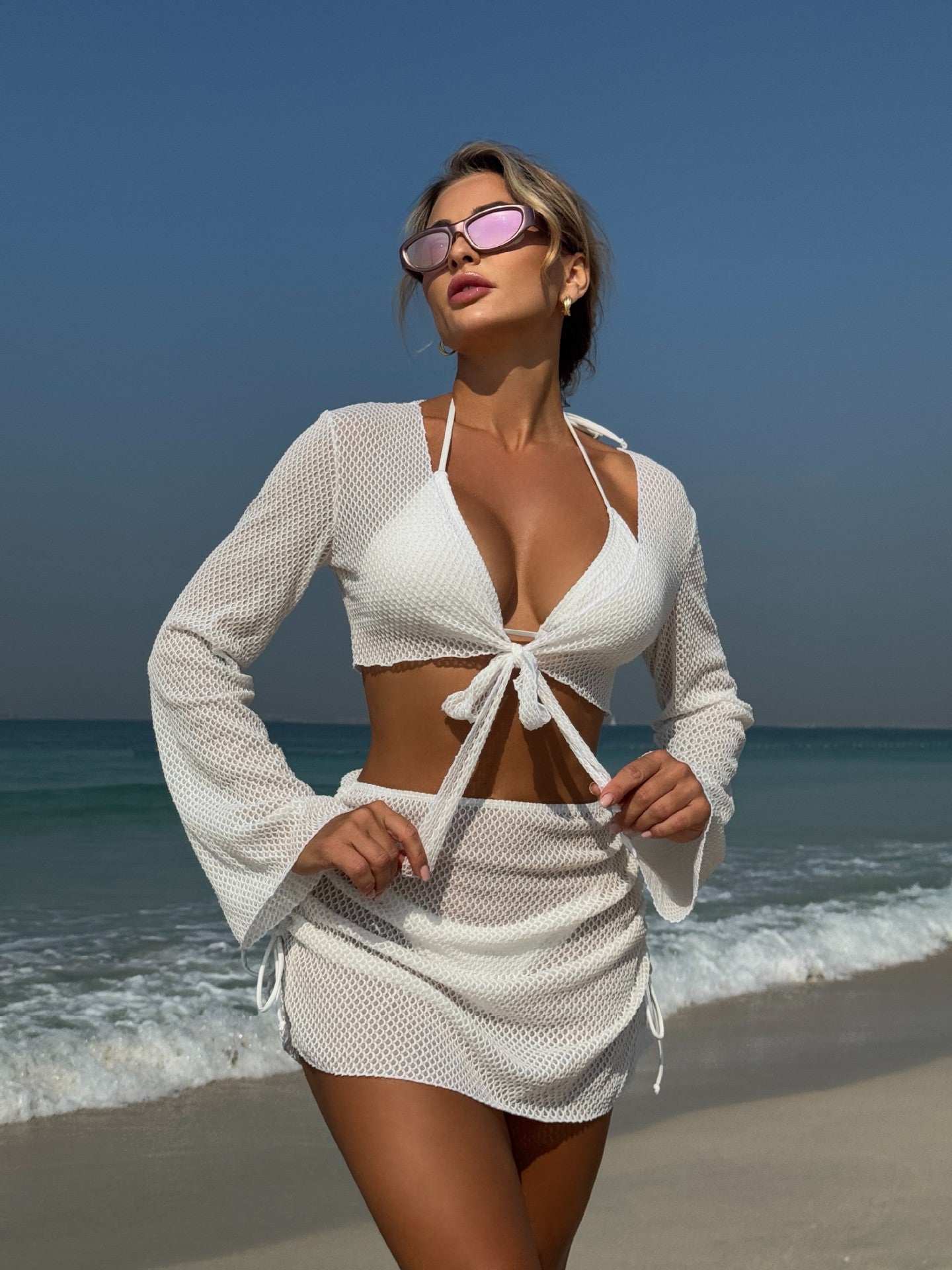 LADIES THREE PIECE BIKINI BEACHWEAR SET WHITE / APRICOT-BEIGE / BLACK / RED (SIZE S - L)