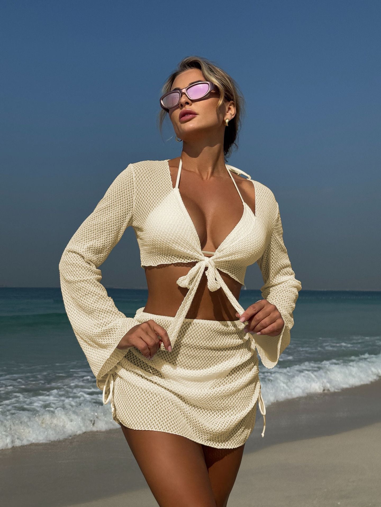 LADIES THREE PIECE BIKINI BEACHWEAR SET WHITE / APRICOT-BEIGE / BLACK / RED (SIZE S - L)