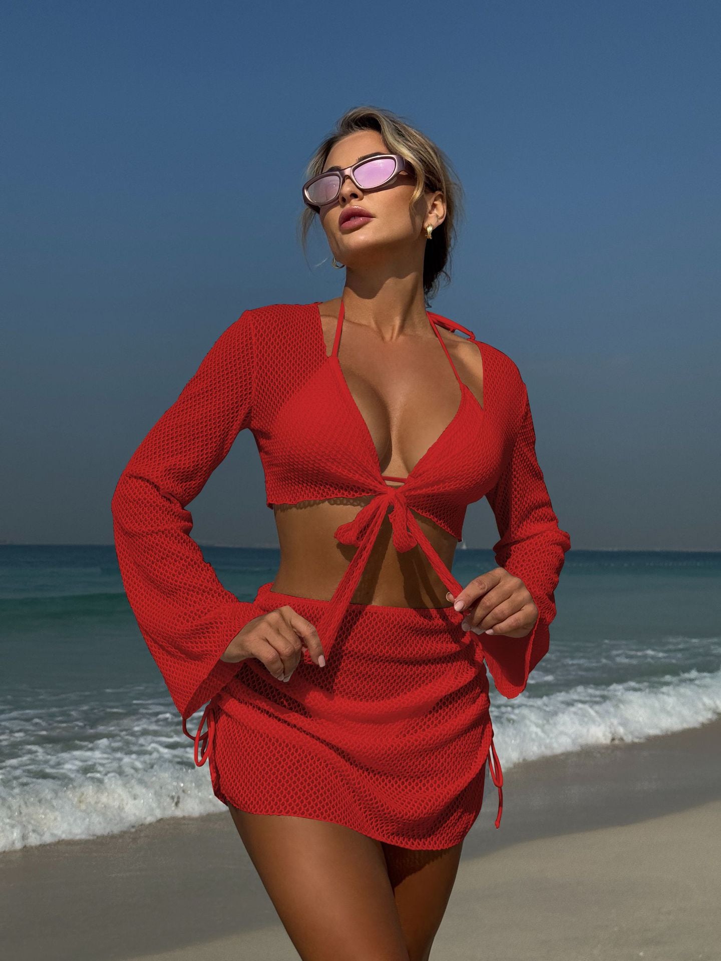 LADIES THREE PIECE BIKINI BEACHWEAR SET WHITE / APRICOT-BEIGE / BLACK / RED (SIZE S - L)