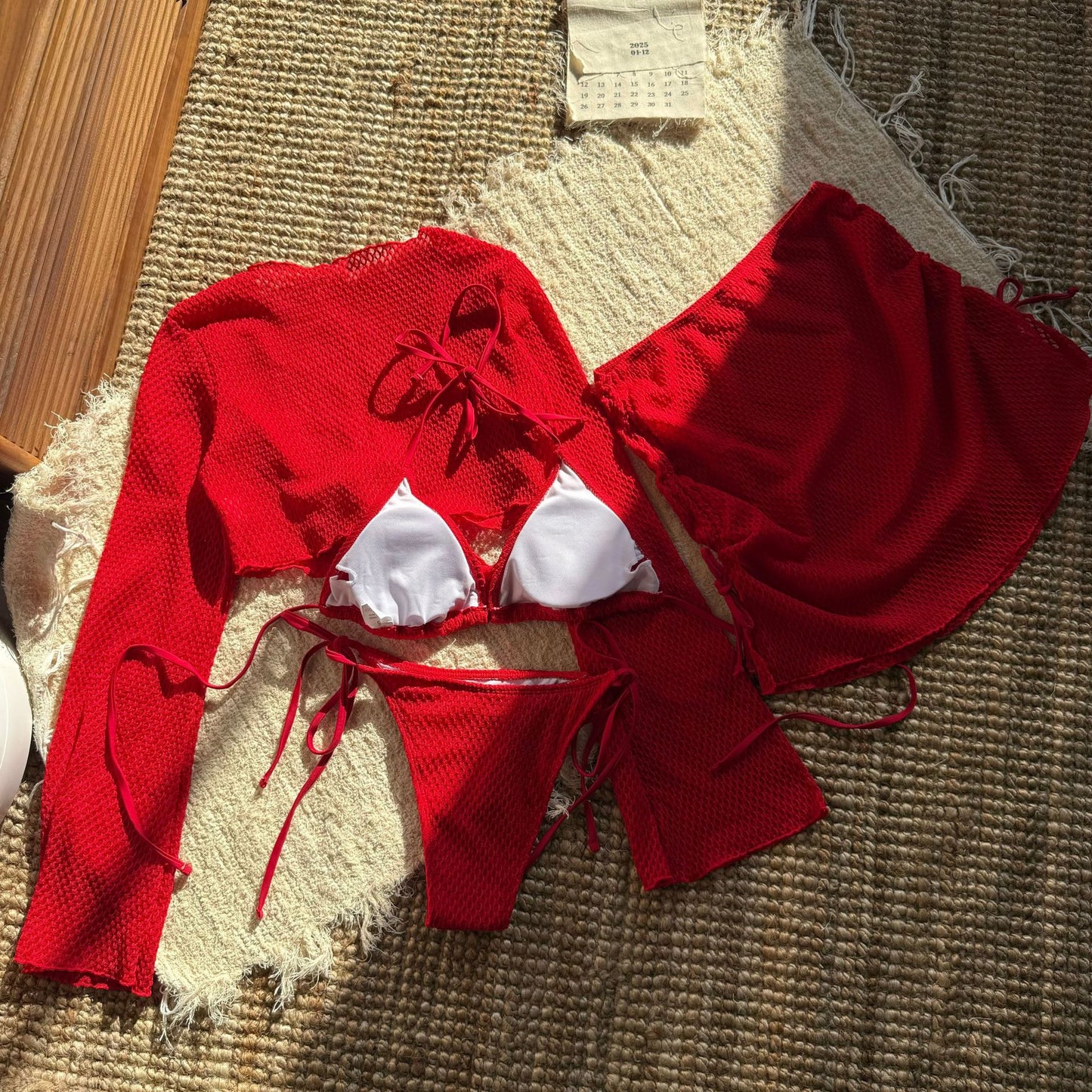LADIES THREE PIECE BIKINI BEACHWEAR SET WHITE / APRICOT-BEIGE / BLACK / RED (SIZE S - L)