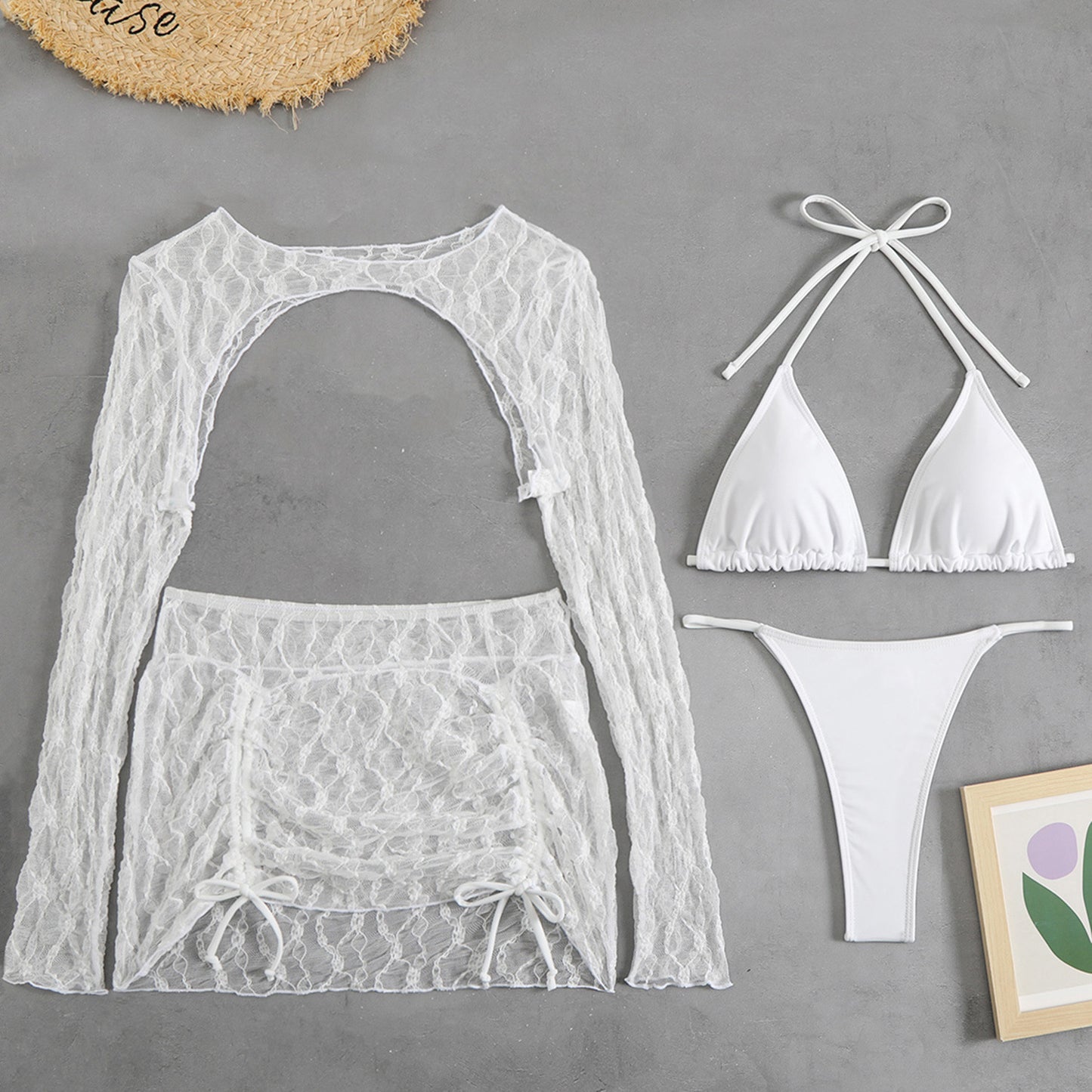 LADIES THREE PIECE BIKINI BEACHWEAR SET WHITE / BLACK (SIZE S - L)