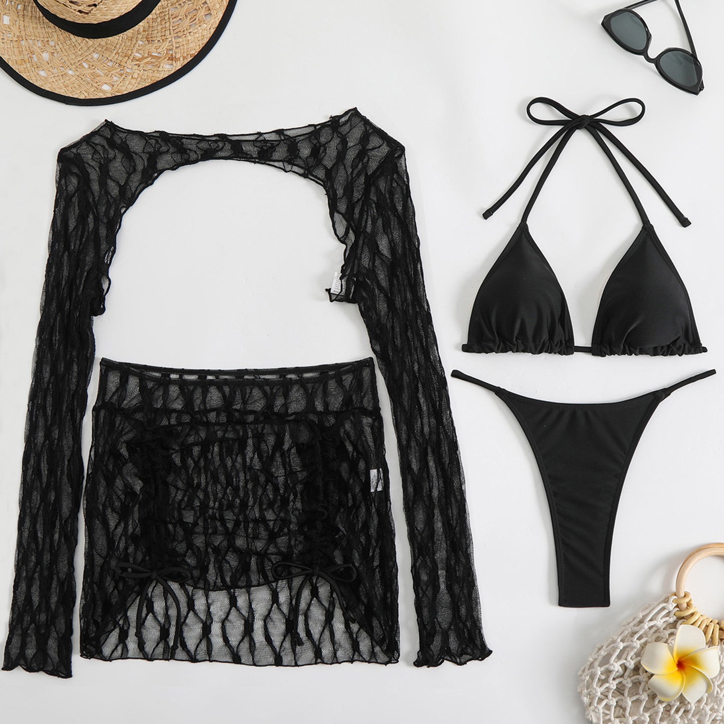 LADIES THREE PIECE BIKINI BEACHWEAR SET WHITE / BLACK (SIZE S - L)