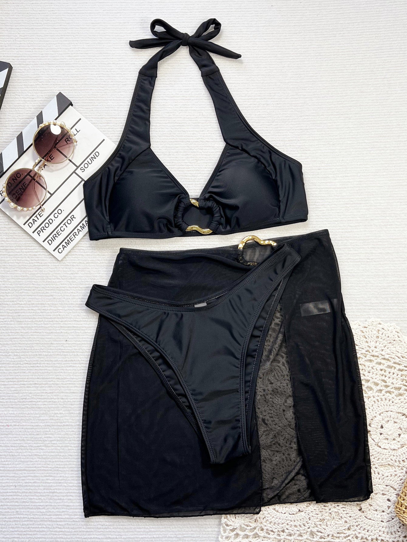 LADIES THREE PIECE BIKINI BEACHWEAR SET BLACK (SIZE S - L)