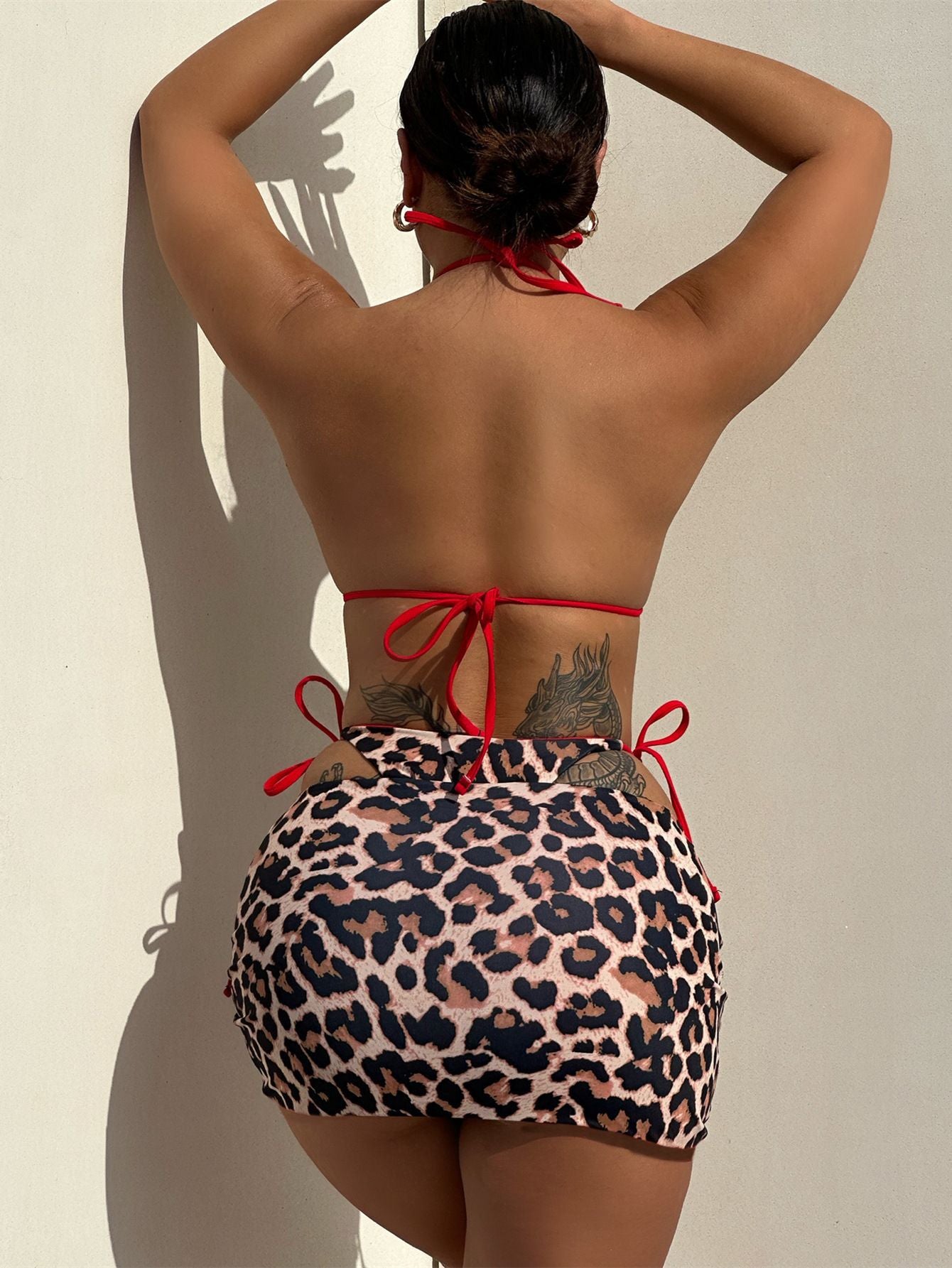 LADIES THREE PIECE BIKINI SET LEOPARD RED (SIZE S - 2XL)