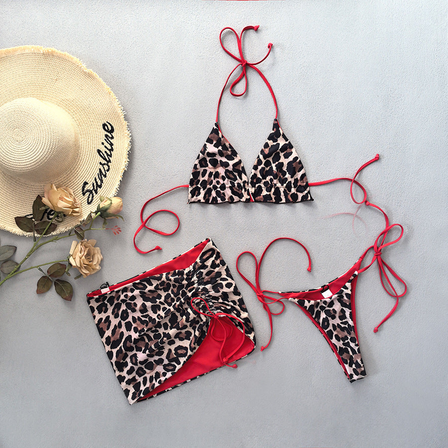 LADIES THREE PIECE BIKINI SET LEOPARD RED (SIZE S - 2XL)