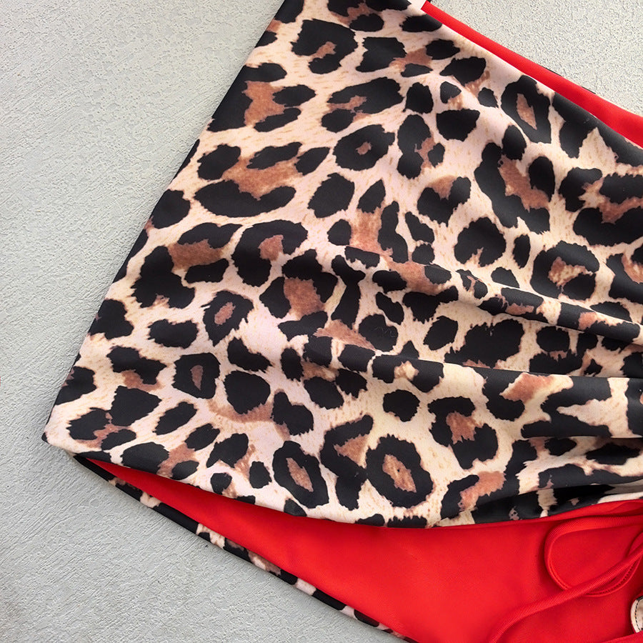 LADIES THREE PIECE BIKINI SET LEOPARD RED (SIZE S - 2XL)