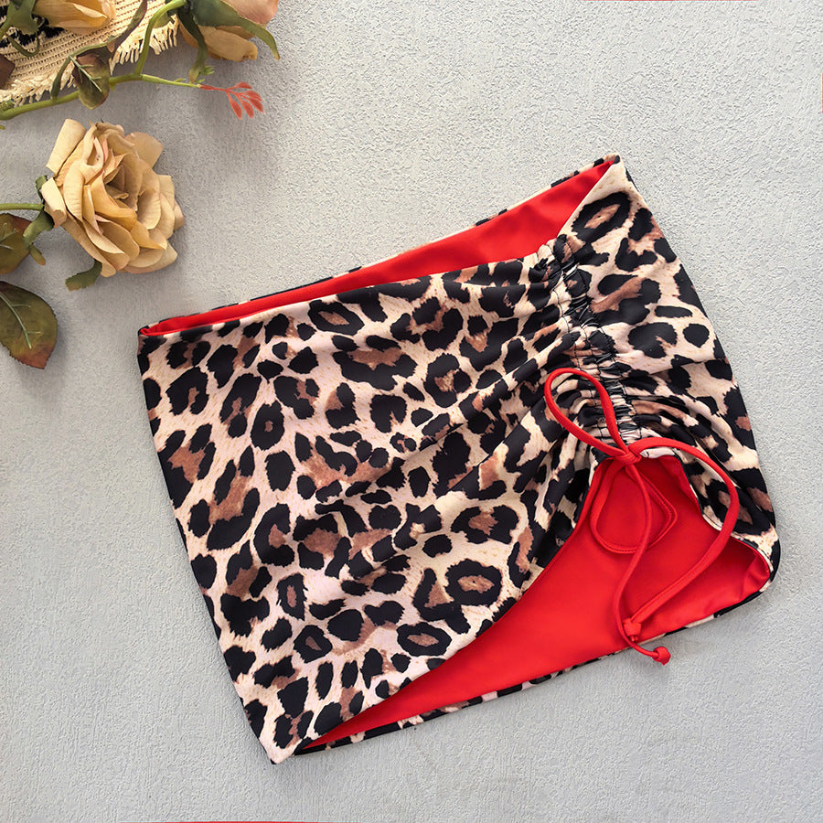 LADIES THREE PIECE BIKINI SET LEOPARD RED (SIZE S - 2XL)