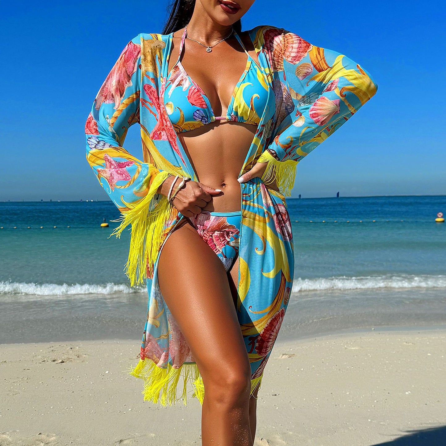 LADIES THREE PIECE BIKINI BEACHWEAR SWIMWEAR SET TURQUOISE (SIZE S - 2XL)