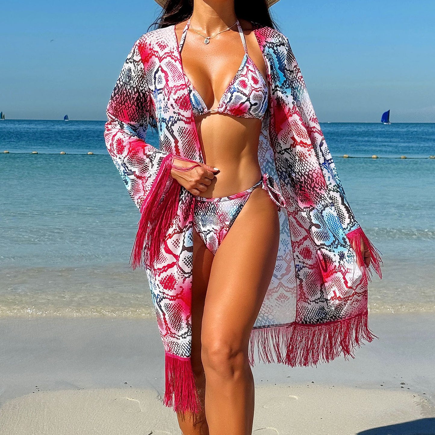 LADIES THREE PIECE BIKINI BEACHWEAR SWIMWEAR SET RED/SNAKE (SIZE S - 2XL)