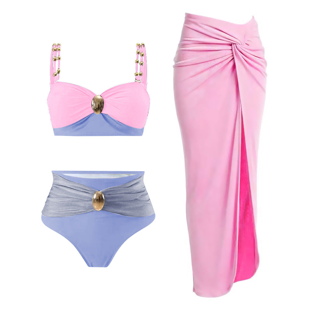 LADIES THREE PIECE BIKINI BEACHWEAR SWIMWEAR & SKIRT SET PINK-PURPLE (SIZE S - XL)