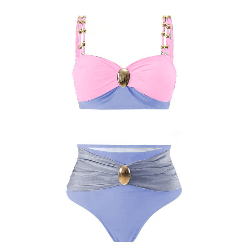 LADIES THREE PIECE BIKINI BEACHWEAR SWIMWEAR & SKIRT SET PINK-PURPLE (SIZE S - XL)