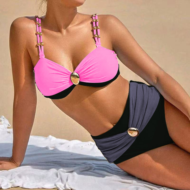 LADIES THREE PIECE BIKINI BEACHWEAR SWIMWEAR & SKIRT SET BLACK-PINK (SIZE S - XL)