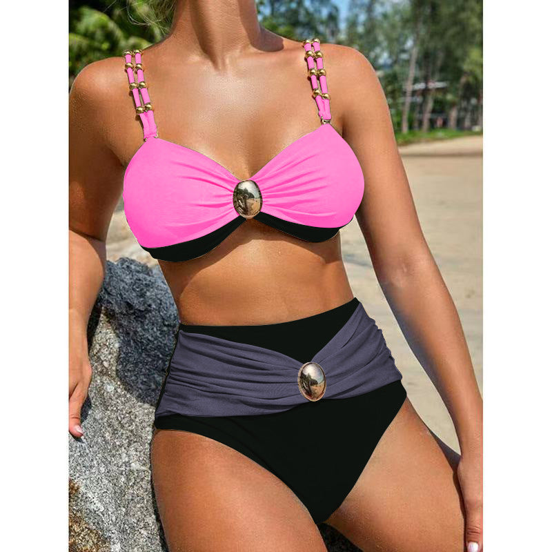 LADIES THREE PIECE BIKINI BEACHWEAR SWIMWEAR & SKIRT SET BLACK-PINK (SIZE S - XL)