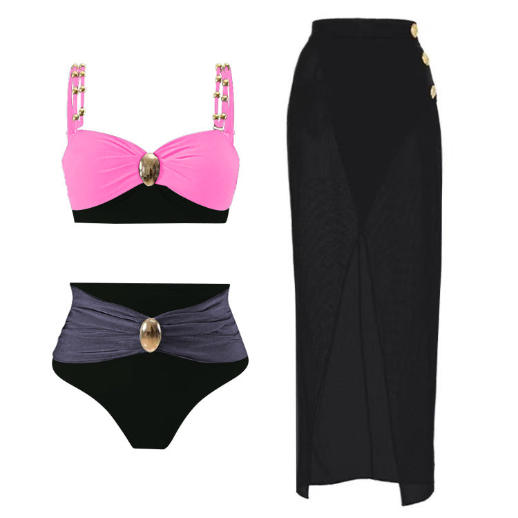LADIES THREE PIECE BIKINI BEACHWEAR SWIMWEAR & SKIRT SET BLACK-PINK (SIZE S - XL)
