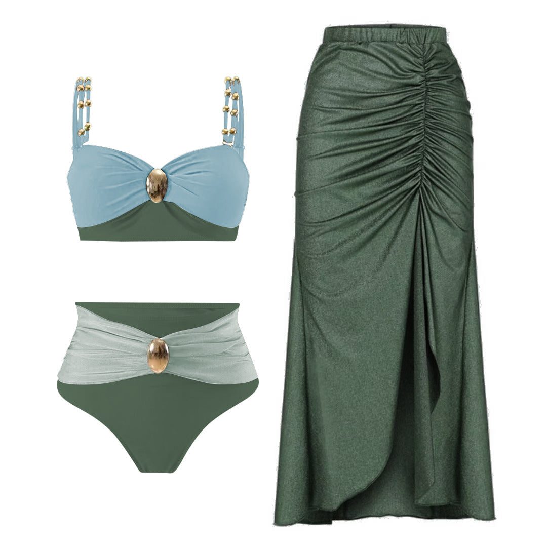 LADIES THREE PIECE BIKINI BEACHWEAR SWIMWEAR & SKIRT SET GREEN OLIVE (SIZE S - XL)