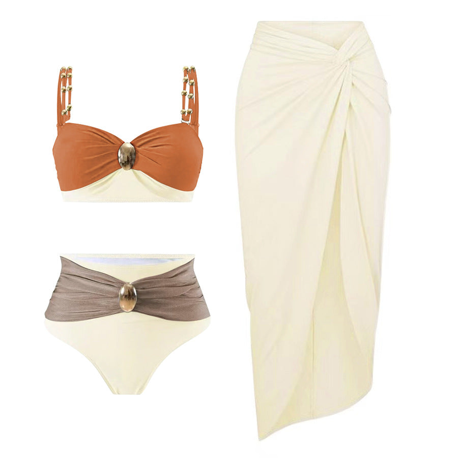 LADIES THREE PIECE BIKINI BEACHWEAR SWIMWEAR & SKIRT SET BEIGE-BROWN (SIZE S - XL)