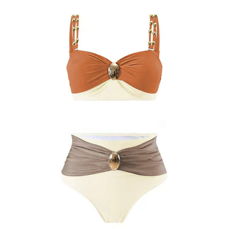 LADIES THREE PIECE BIKINI BEACHWEAR SWIMWEAR & SKIRT SET BEIGE-BROWN (SIZE S - XL)