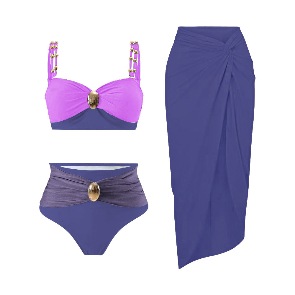 LADIES THREE PIECE BIKINI BEACHWEAR SWIMWEAR & SKIRT SET PURPLE (SIZE S - XL)