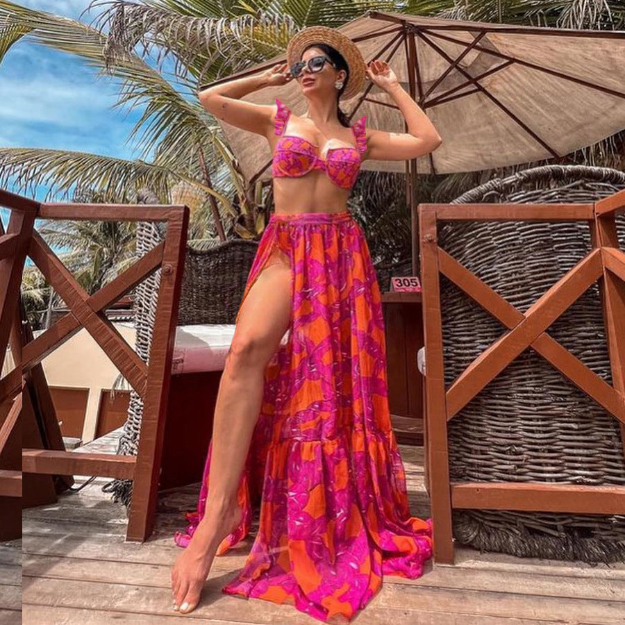 LADIES TWO PIECE SWIMSUIT & SKIRT SET DARK PINK (SIZE S - XL)