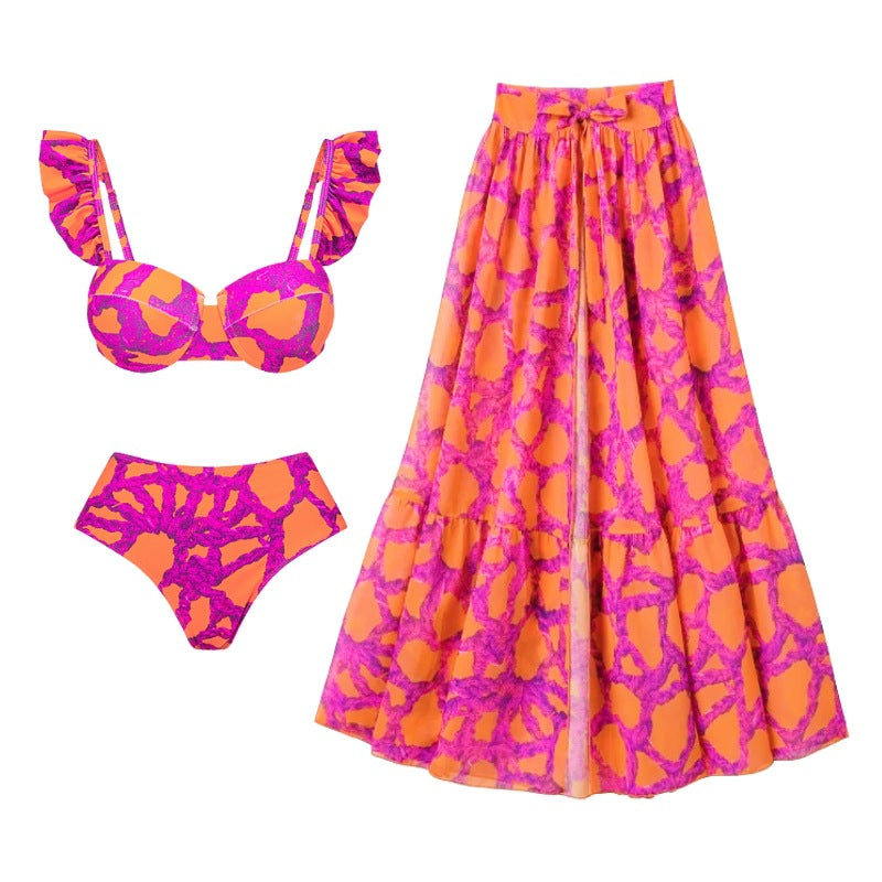 LADIES TWO PIECE SWIMSUIT & SKIRT SET DARK PINK (SIZE S - XL)