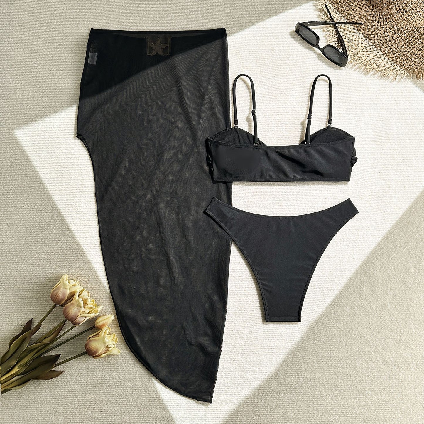 LADIES THREE PIECE MESH SKIRT & BIKINI SWIMWEAR SET BLACK / WHITE (SIZE S - L)