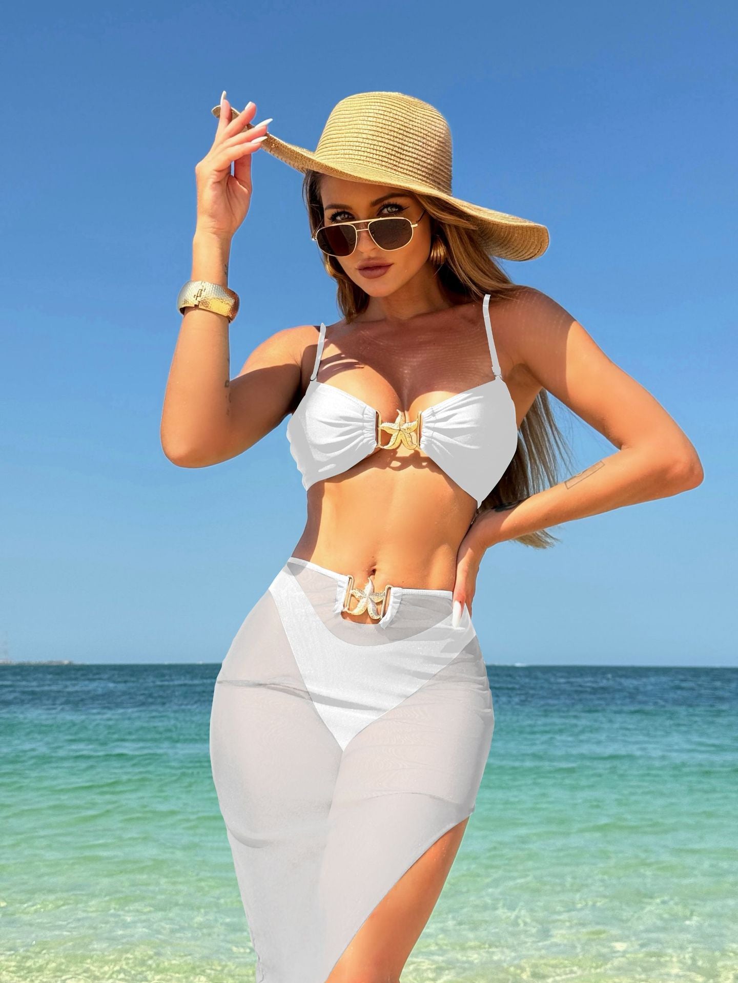 LADIES THREE PIECE MESH SKIRT & BIKINI SWIMWEAR SET BLACK / WHITE (SIZE S - L)