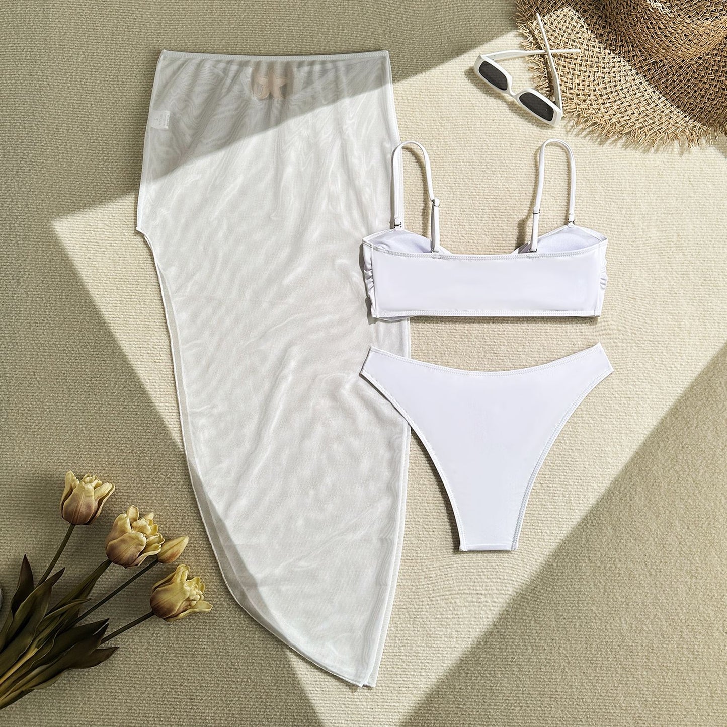 LADIES THREE PIECE MESH SKIRT & BIKINI SWIMWEAR SET BLACK / WHITE (SIZE S - L)