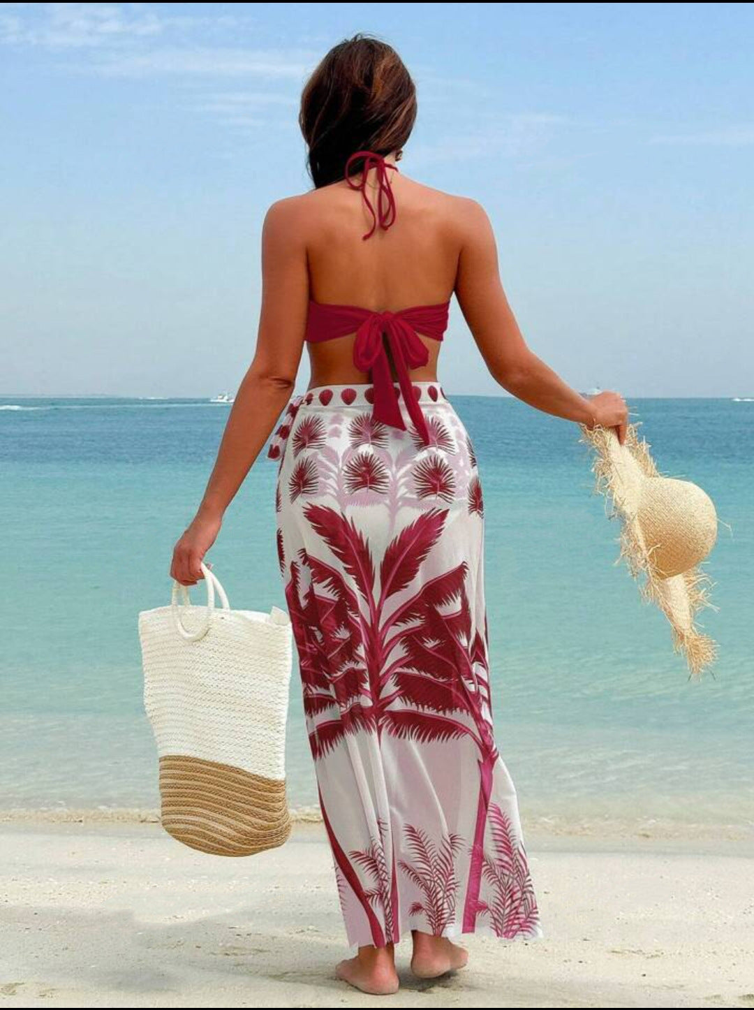 LADIES THREE PIECE BIKINI SWIMWEAR BEACHWEAR SET RED / YELLOW-ORANGE / DARK GREEN / BLUE (SIZE S - XL)