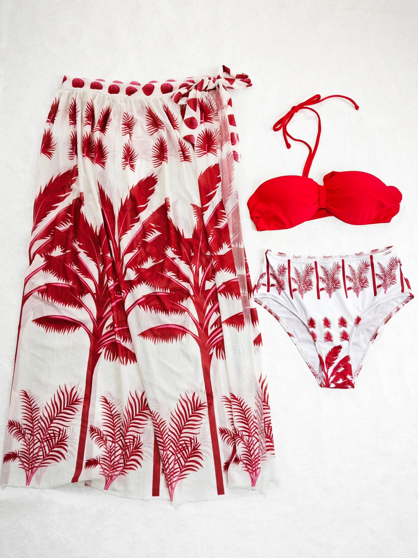LADIES THREE PIECE BIKINI SWIMWEAR BEACHWEAR SET RED / YELLOW-ORANGE / DARK GREEN / BLUE (SIZE S - XL)