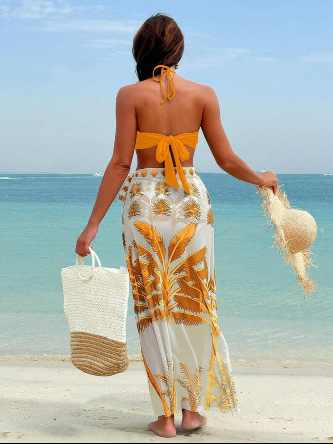 LADIES THREE PIECE BIKINI SWIMWEAR BEACHWEAR SET RED / YELLOW-ORANGE / DARK GREEN / BLUE (SIZE S - XL)
