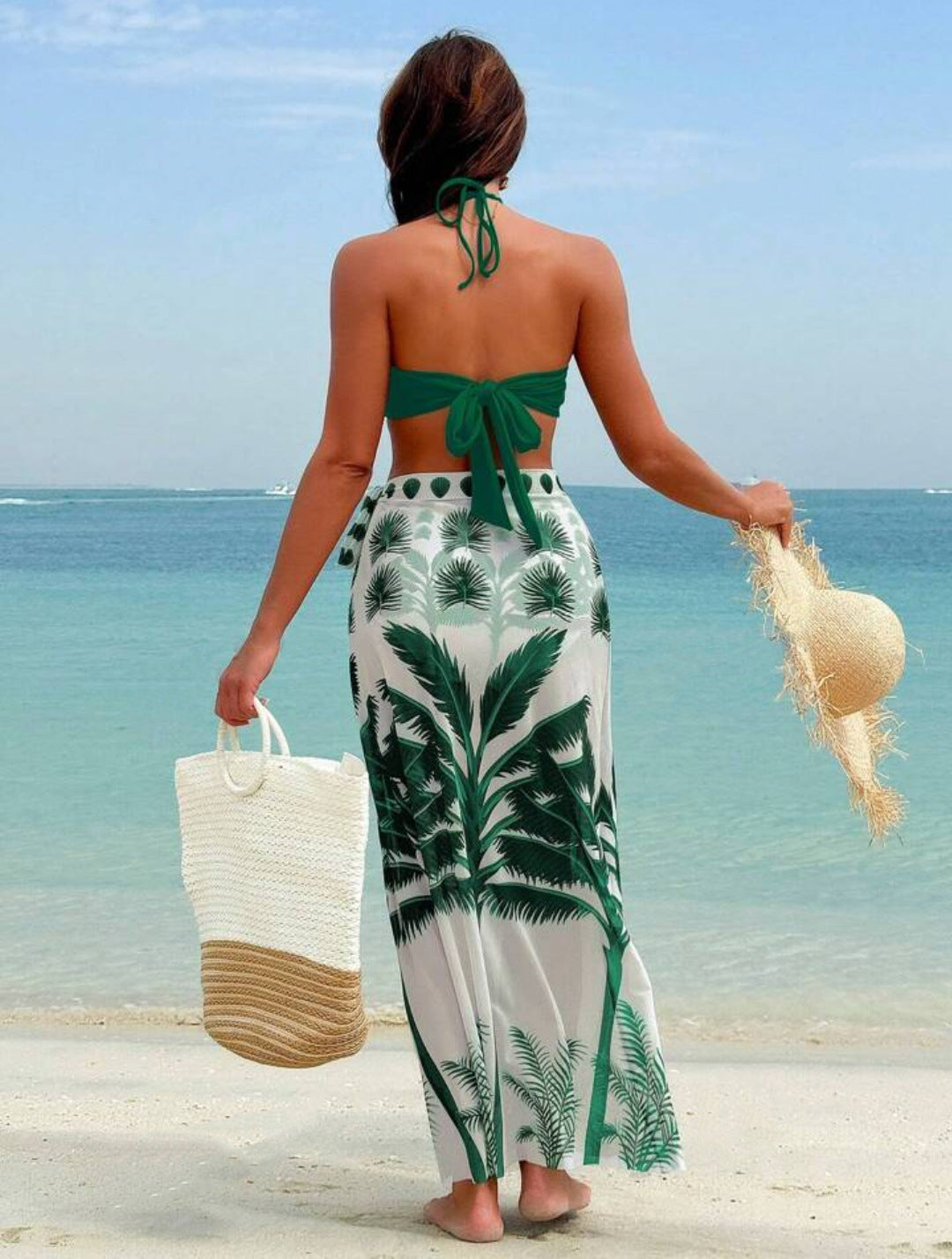 LADIES THREE PIECE BIKINI SWIMWEAR BEACHWEAR SET RED / YELLOW-ORANGE / DARK GREEN / BLUE (SIZE S - XL)