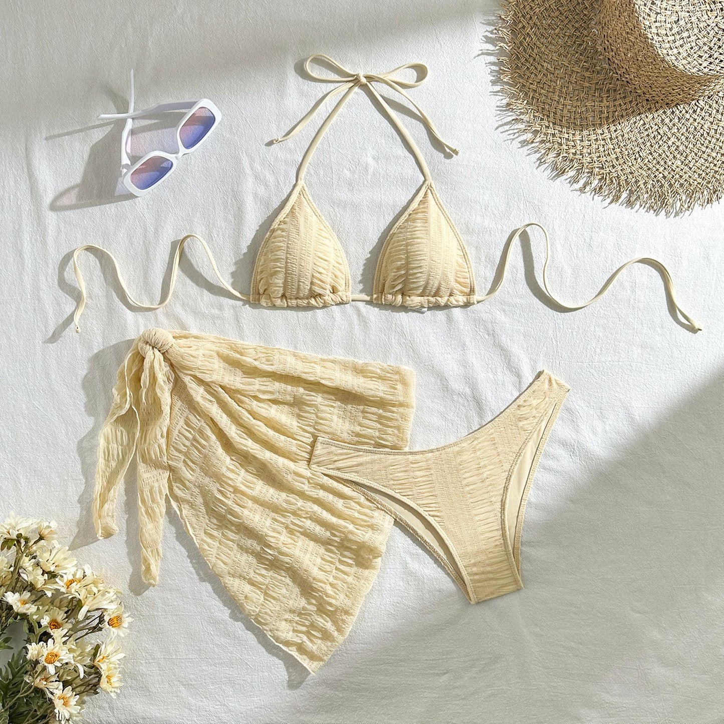 LADIES THREE PIECE SWIMWEAR SET APRICOT-BEIGE / WHITE / BLACK (SIZE S - L)