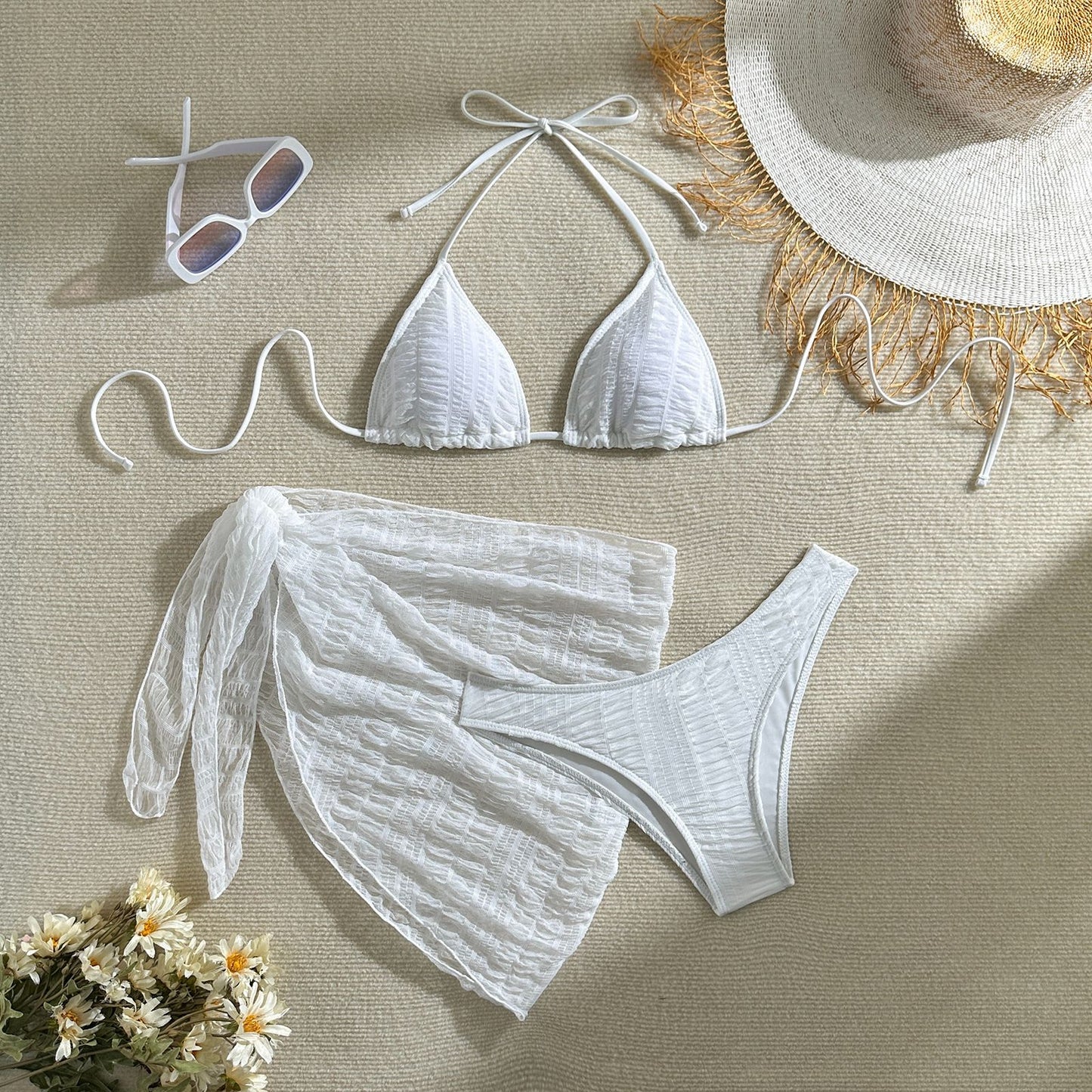 LADIES THREE PIECE SWIMWEAR SET APRICOT-BEIGE / WHITE / BLACK (SIZE S - L)
