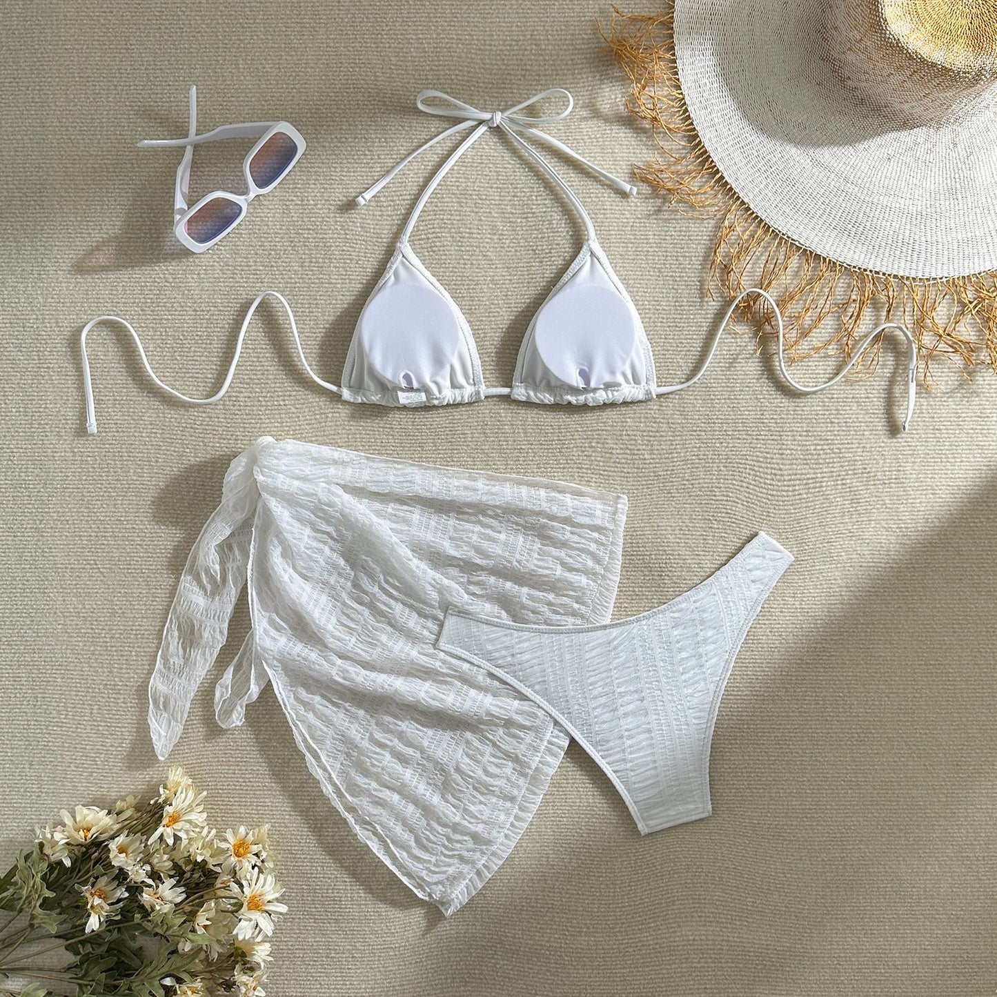 LADIES THREE PIECE SWIMWEAR SET APRICOT-BEIGE / WHITE / BLACK (SIZE S - L)