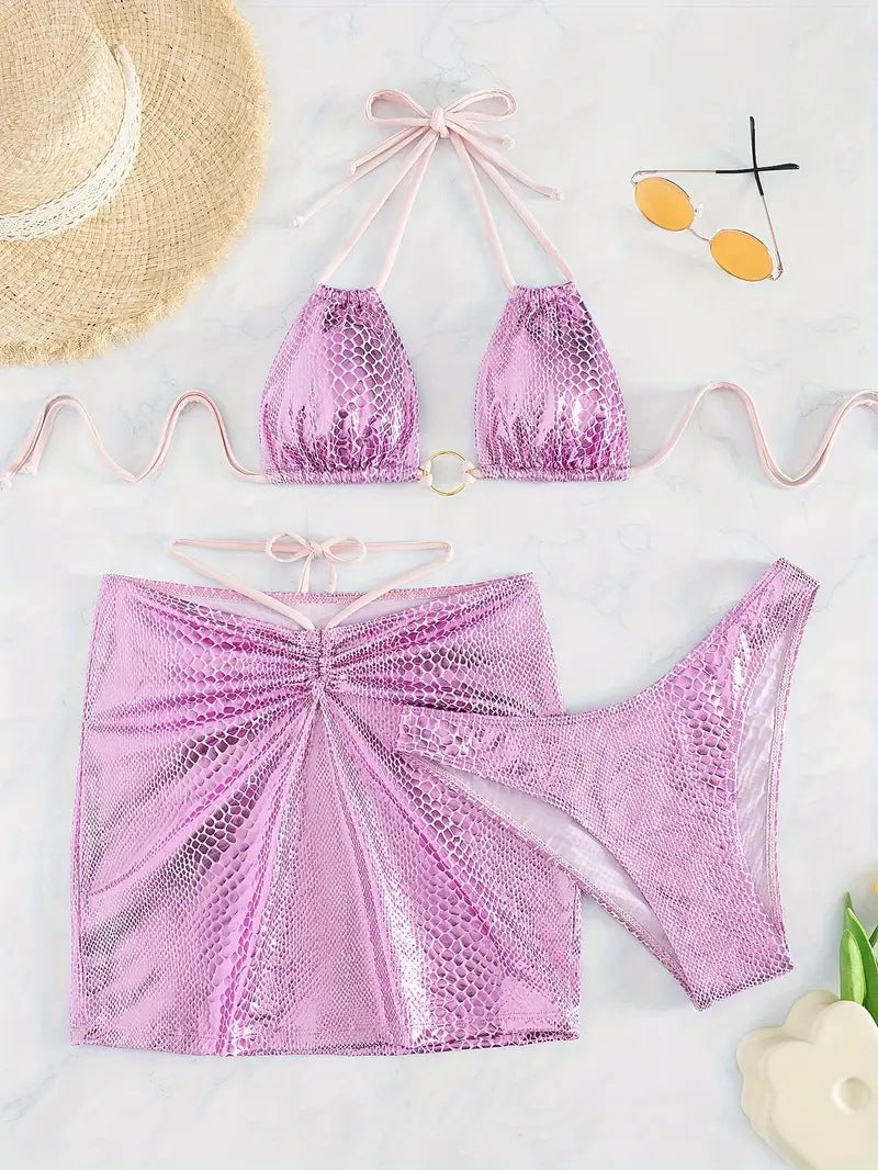 LADIES THREE PIECE BIKINI SWIMWEAR SET PINK (SIZE S - L)