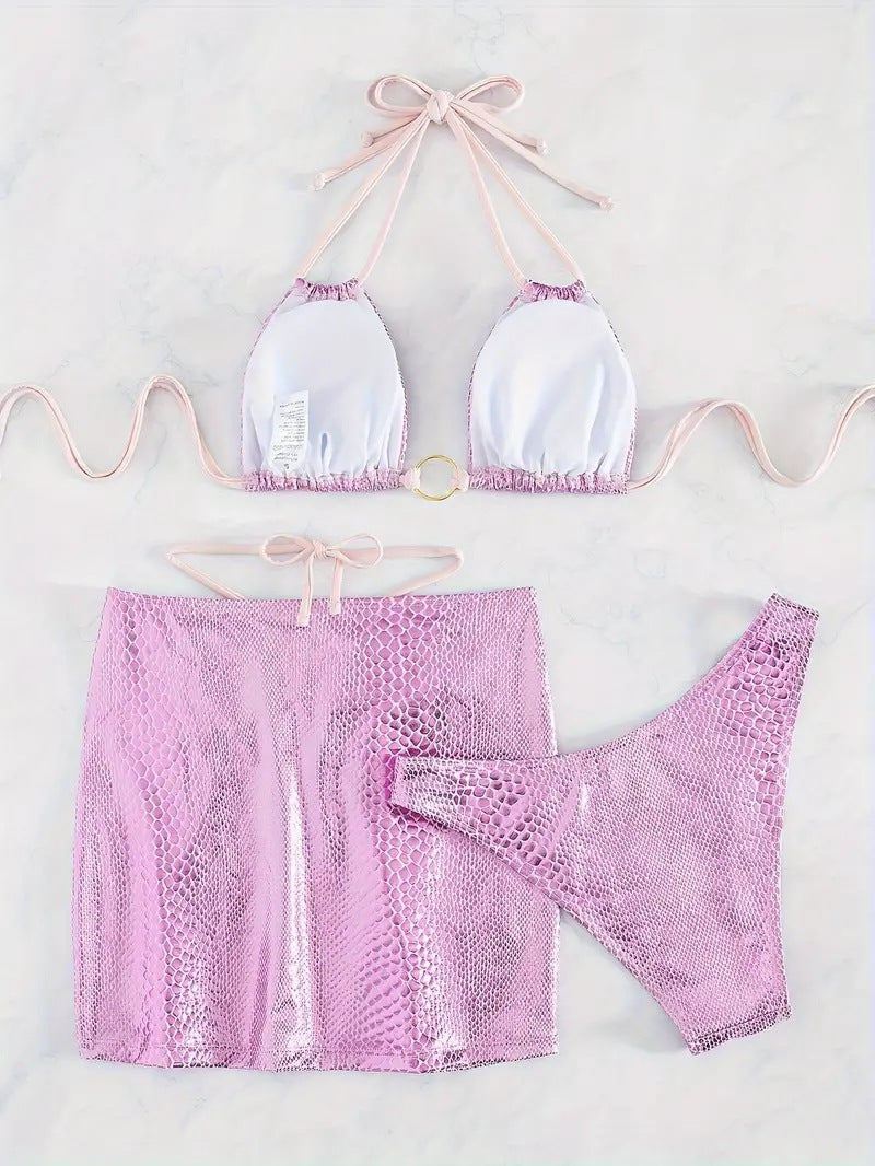 LADIES THREE PIECE BIKINI SWIMWEAR SET PINK (SIZE S - L)