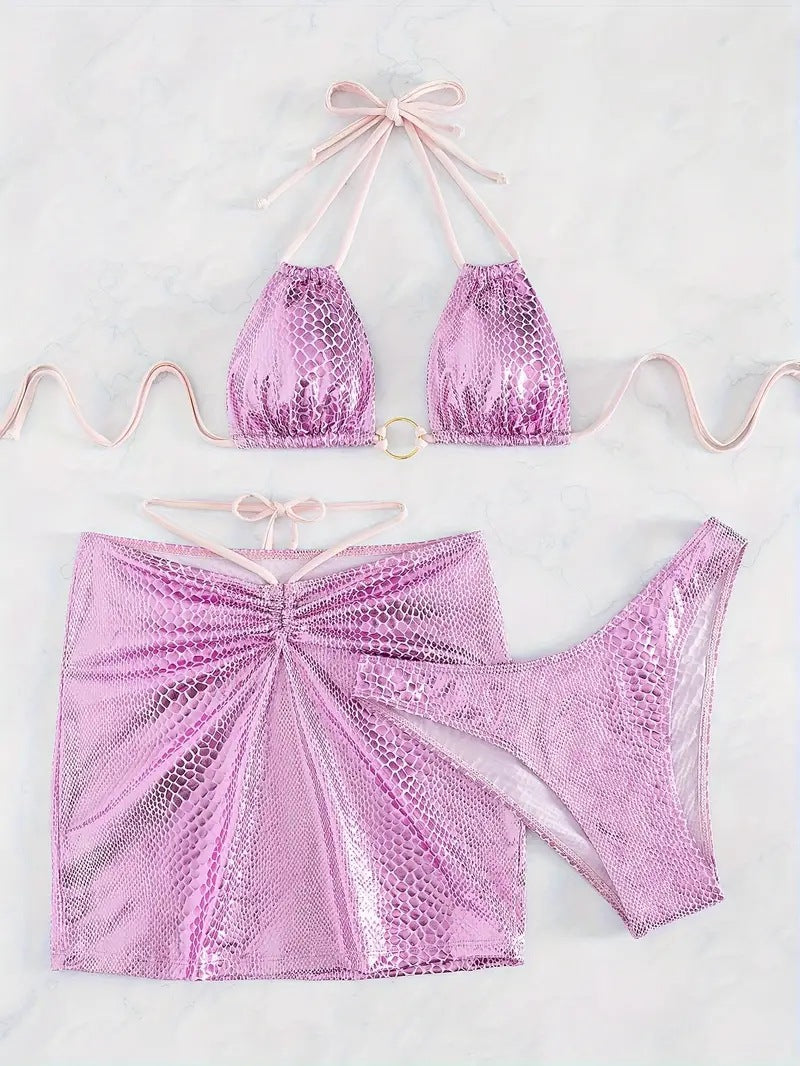 LADIES THREE PIECE BIKINI SWIMWEAR SET PINK (SIZE S - L)