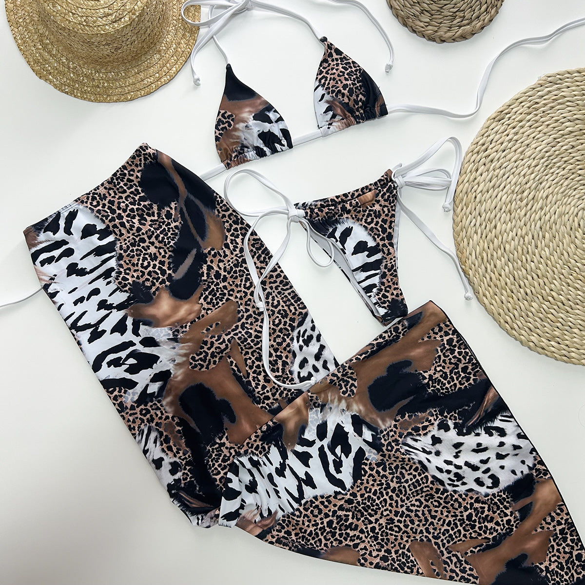 LADIES THREE PIECE BIKINI SET LEOPARD (SIZE S - L)