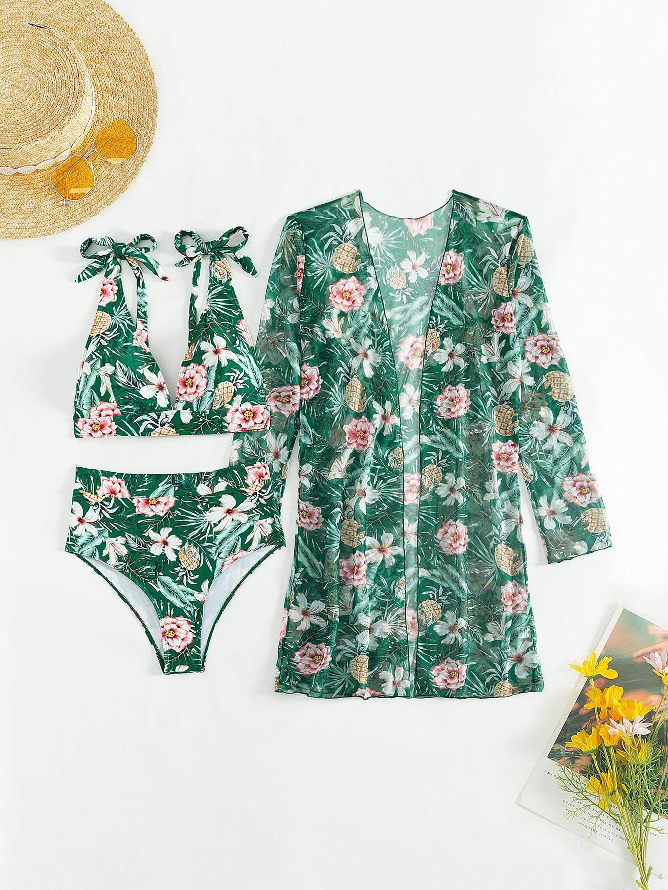 LADIES THREE PIECE BIKINI BEACHWEAR SET GREEN (SIZE S - XL)
