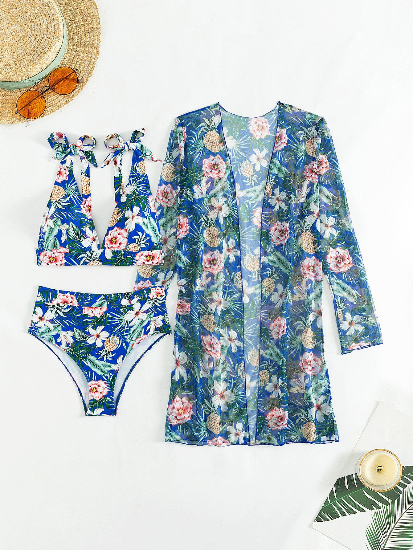 LADIES THREE PIECE BIKINI BEACHWEAR SWIMWEAR SET BLUE (SIZE S - XL)