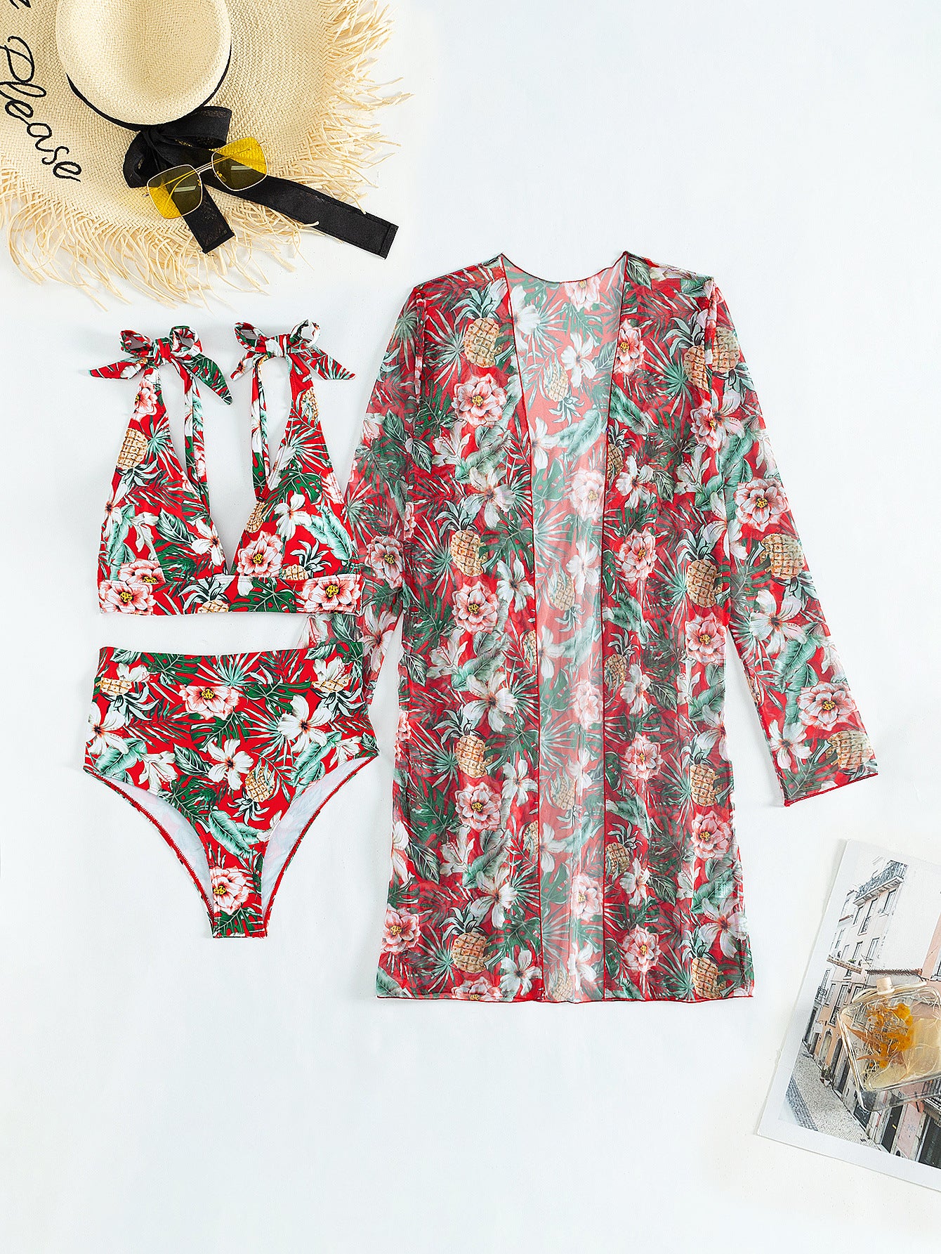 LADIES THREE PIECE BIKINI BEACHWEAR SWIMWEAR SET RED (SIZE S - XL)