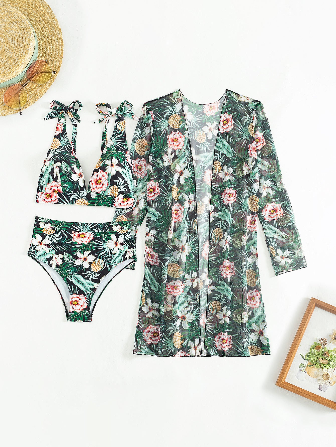 LADIES THREE PIECE BIKINI BEACWEAR SWIMWEAR SET GREEN-BLACK (SIZE S - XL)
